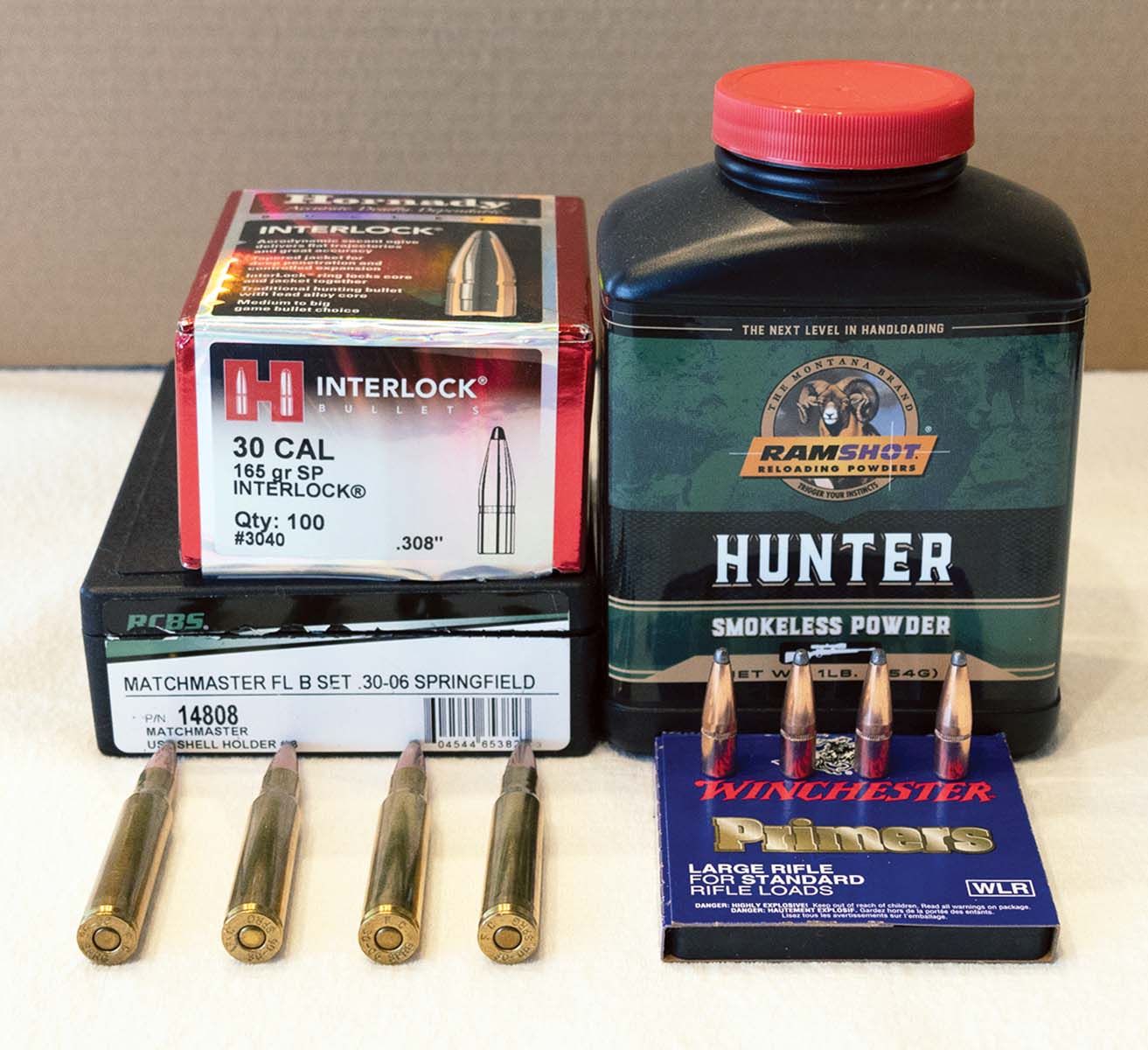 The reloading components and die set used to reload .30-06 cartridges.